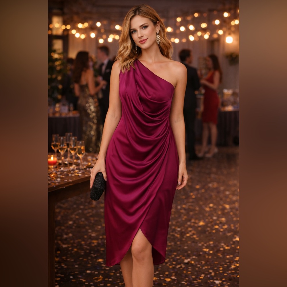 Rachel Zoe Elegant One-Shoulder Drape Front Satin Fuchsia Cocktail Dress SZ 10